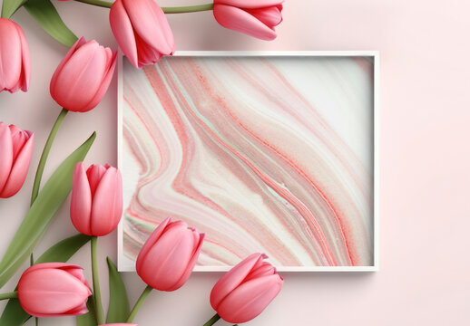 Pink Tulips Frame Mockup Marble Artwork PSD