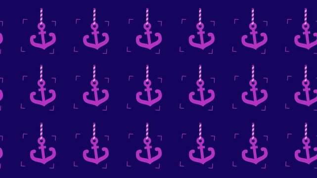 Seamless pattern of purple anchor icons with focus brackets in a tile background animation. Repeating wallpaper with nautical stability, maritime security, and anchoring symbols.