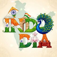 India word art with national symbols patriotic illustration for Independence Day Republic Day and cultural celebrations