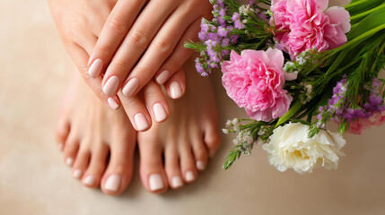 Feet with fresh pedicure and flowers on beige background closeup, professional nail care results, spa treatment outcome, beauty salon service, with copy space