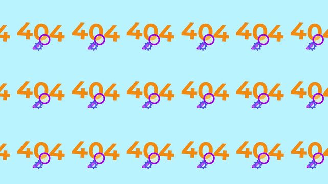 Seamless pattern of 404 error, magnifying glass, and technical gear icons in a tile background animation. Repeating wallpaper with page not found, troubleshooting, and digital maintenance backdrop.