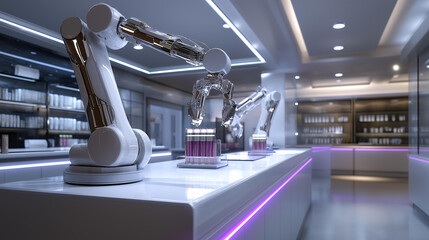 Futuristic beauty store with robotic arms performing tasks, artificial intelligence in cosmetic retail, modern shopping experience, automated beauty services, with copy space
