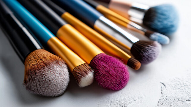 Colorful assortment of cosmetic makeup brushes with blank space, beauty services promotion, makeup tutorial tools, elegance and artistry concept, with copy space - Powered by Adobe
