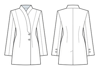 Tailored Long Jacket Technical Fashion Illustration. Structured Fitted Coat with Notched Lapel Collar and Button Closure. Front and Back Views. Women&rsquo;s Outerwear. CAD Mockup.