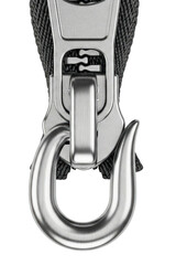 Heavy-duty metal zipper slider with attached safety hook on a transparent background