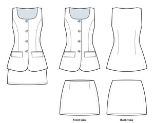 Sleeveless Tailored Vest and Mini Skirt Set Technical Fashion Illustration. Fitted Waistcoat with Button Front and Flap Pockets. Matching Mini Skirt. Front and Back Views. Women&rsquo;s Wear. CAD Mockup Set
