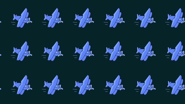 Seamless pattern of vintage propeller aircraft icons in a tile background animation. Repeating wallpaper with retro aviation, flight, and travel symbols. Tourism and vacation backdrop graphic motion.