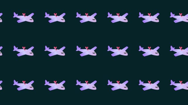Seamless pattern of airplane and heart icons for romantic travel in a tile background animation. Repeating wallpaper with honeymoon journey and aviation symbols. Emotional flight backdrop design.