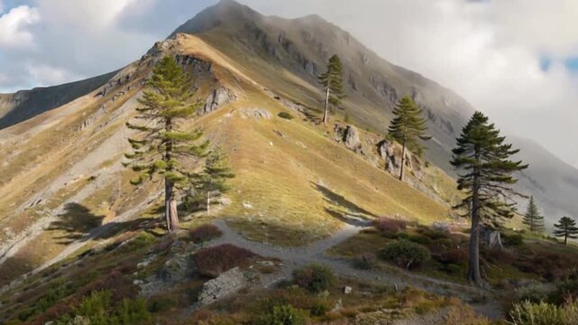 The shadows of clouds drift slowly around the mountain waist, with light and shadow flickering on and off among the plants