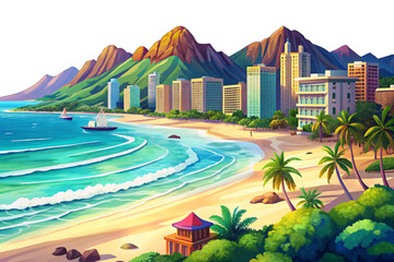 Waikiki Beach cartoon combines soft sand, calm turquoise waters, distant volcanic peaks, and lively coastal scenery forming Hawaii’s most recognized beachfront destination © Evan