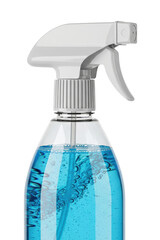 Plastic spray bottle nozzle with blue cleaning liquid on a transparent background