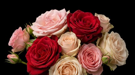 Fototapeta premium A botanical-accurate ultra-realistic arrangement of roses with visible petal fibers and natural curvature, isolated on a seamless dark black background to support educational, scientific, and artistic