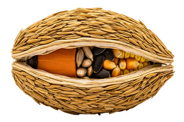 Split grain husk revealing corn kernels and sunflower seeds on a transparent background