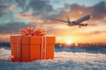 A bright orange gift box rests on the snow as an airplane flies in the background at sunset. The scene shows a blend of holiday spirit and travel. It represents the season of giving.