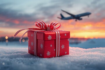A red gift box sits on snow under a colorful sky at sunset. An airplane flies overhead, adding to the festive atmosphere of Christmas and New Year celebrations.