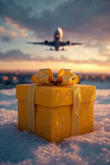 A bright yellow gift box sits on the snow as an airplane takes off in the background, creating a festive scene. The sky shows warm colors typical of sunset during the holiday time.