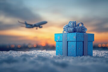 A blue gift box with a ribbon is set in the snow as an airplane takes off against a sunset sky. This scene captures the holiday spirit during the festive season.