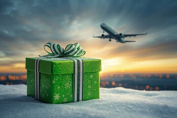 A green gift box with a ribbon sits on the snow. An airplane flies in the sky above as the sun sets. The scene shows the joy of gifts during the holiday season in a winter setting.