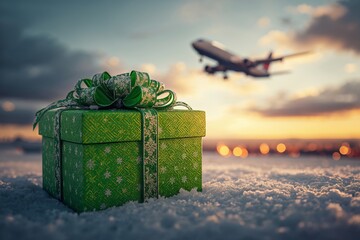 A green gift box with a ribbon sits on snow while an airplane flies above during sunset. The scene shows the excitement of holiday giving and travel.