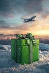 A green gift box sits on the snow as an airplane flies in the sky. The scene takes place during the holiday season with a sunset in the background.