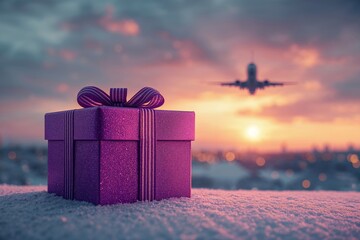 Presents wrapped with ribbons sit on snow as an airplane flies overhead. The sky is bright with sunset colors. This scene shows holiday gifts ready for celebration and travel.