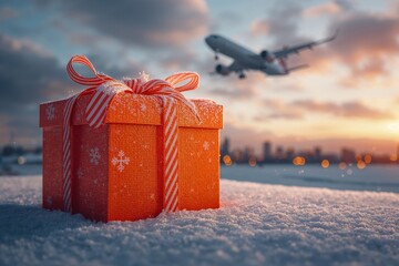 A bright orange gift box sits on the snow, with an airplane flying overhead. This scene captures the holiday spirit during Christmas and New Year celebrations with a winter backdrop.