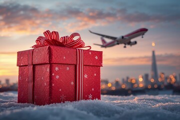 Gift box is resting on snow in the foreground with an airplane in the sky flying past a city skyline at sunset. The scene shows holiday spirit and travel during the festive season.