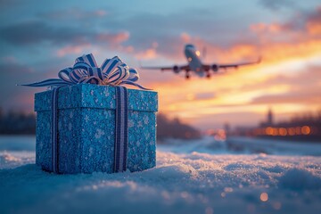 A blue gift box sits on white snow while an airplane flies in the background during sunset. This scene captures the joy of giving during the holiday season.