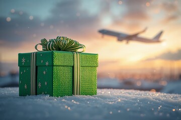 A green gift box sits on top of snow as a plane flies through the sky at sunset. The scene shows a connection between holiday celebrations and travel during Christmas and New Year.