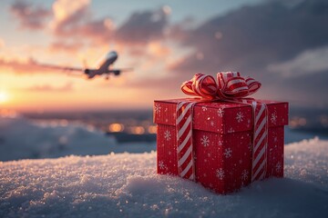 A red gift box with white snowflakes is resting on the snow. In the background, an airplane is taking off into the sky during sunset. This scene shows holiday spirit and travel.