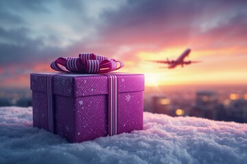 A wrapped gift box sits on a blanket of snow as a plane flies in the sky. The background shows a colorful sunset. This scene captures the essence of holiday celebrations and travel.
