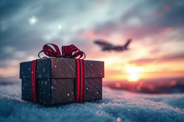 A gift box is placed on snow as an airplane takes off in the background during sunset. The scene shows the beauty of travel and the joy of giving during the holiday season.