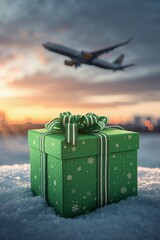 A green gift box sits on the snow as a plane flies overhead during sunset. The scene captures the holiday spirit with the approach of Christmas and New Year celebrations.