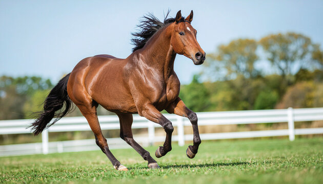芝の上をはしるサラブレッドの馬