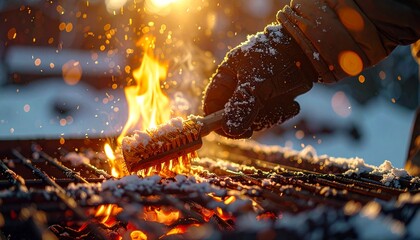 Male hand with gloves in snowy winter scene cleaning  Grill with stiff metal brush. 