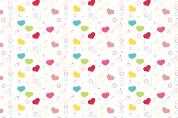 Cute seamless pattern with colorful hand-drawn hearts and minimalist cherry shapes on a white background. Perfect for romantic designs, gift wrapping, and textiles.