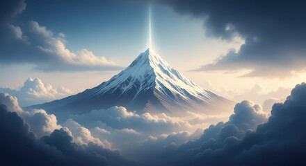 A breathtaking snowcapped mountain peak reaching into the sky, with a radiant light beam shining from its summit amidst soft clouds