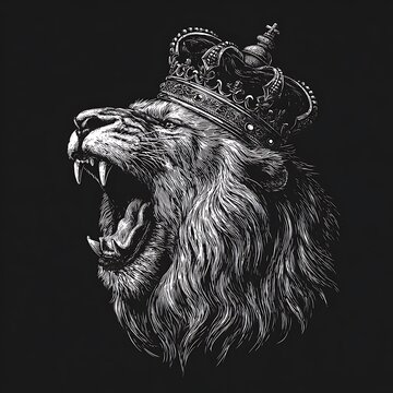 Roaring lion wearing crown black and white engraving illustration high resolution image