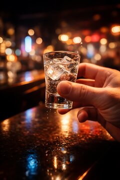 Celebratory vodka shot being lifted by fingers, slight motion blur, bar bokeh lights in background, candid cinematic realism.