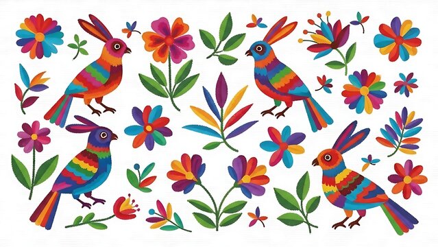 Vibrant Otomi folk art illustration featuring colorful birds with rabbit ears and stylized flowers and leaves on a white background.