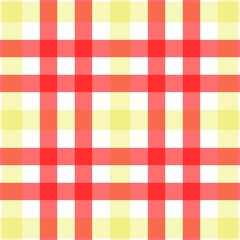 Colorful red, coral, yellow, and white gingham checkered pattern background with seamless repeating squares. Bright picnic textile texture ideal for fabric, wallpaper, packaging, and summer designs.
