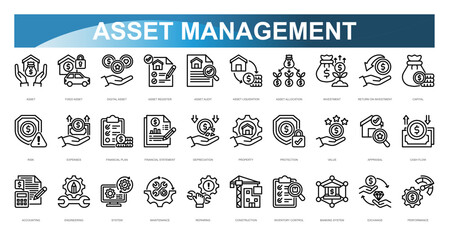 Asset Management icon set. Asset, Fixed Asset, Digital Asset, Asset Register, Asset Audit, Asset Liquidation, Asset Allocation, Investment, Return On Investment, Capital. Vector illustration