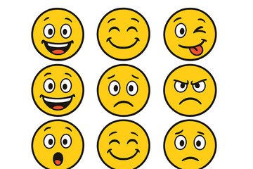 Fototapeta premium Nine expressive yellow smiley faces on a brown gradient background