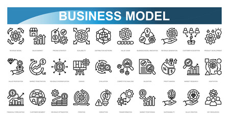 Business Model icon set. Revenue Model, Sales Market, Pricing Strategy, Scalability, Distribution Network, Value Chain, Business Model Innovation, Revenue Generation, Customer Acquisition, Product Dev