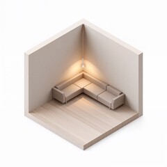 Modern minimalist living room with L-shaped beige sofa and warm lighting