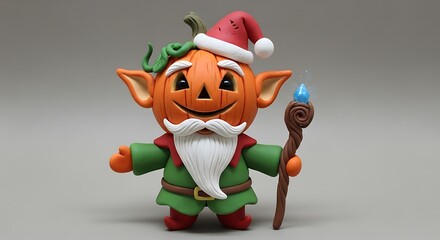 Cute clay figurine of a pumpkin head elf wearing a Santa hat and holding a magic staff.