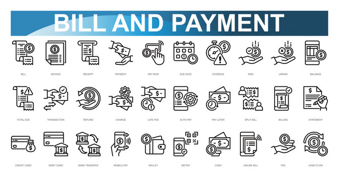 Bill and Payment Icon set. Vector illustration. Bill, Invoice, Receipt, Payment, Pay Now, Due Date, Overdue, Paid, Unpaid, Balance. Vector illustration