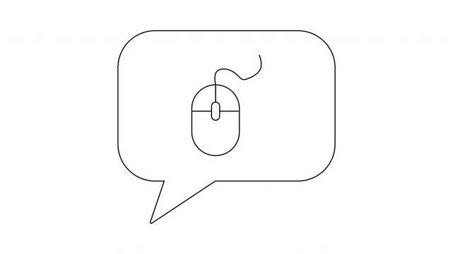 A black outline of a computer mouse inside a speech bubble on a white background
