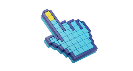 3D Pixel Art Hand Cursor Icon Isolated on White Background