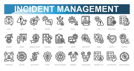 Incident Management Icon set. Vector illustration. Notify, Alert, Issue, Response, Crisis, Incident, Report, Risk, Preparedness, Triage. Vector illustration